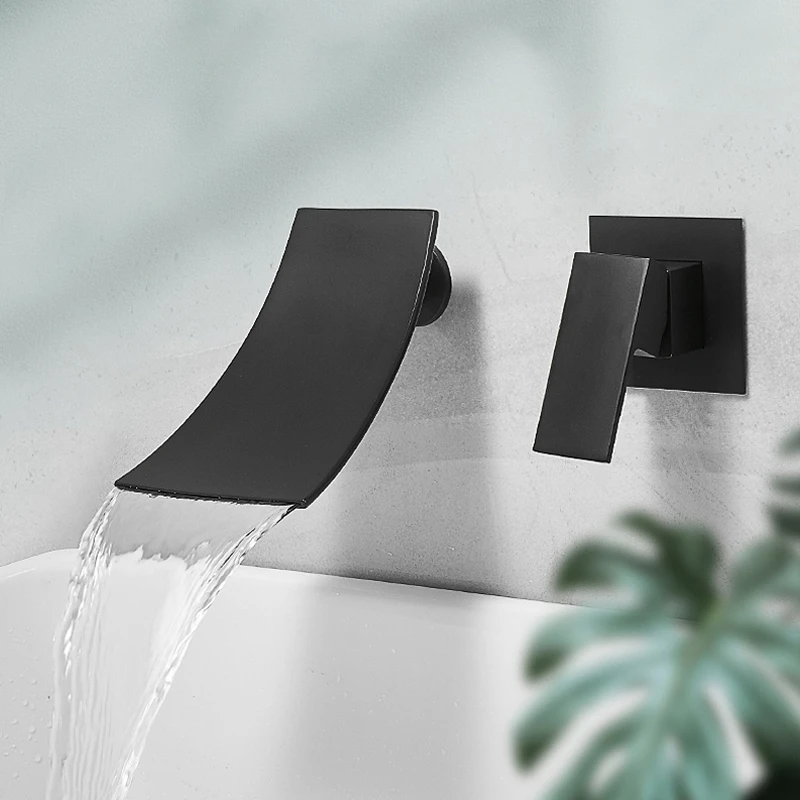 

Black Bathroom Basin Faucet Waterfall Spout Wall Mounted Chrome Brass Vanity Sink Mixer Tap Single Handle 2 Holes