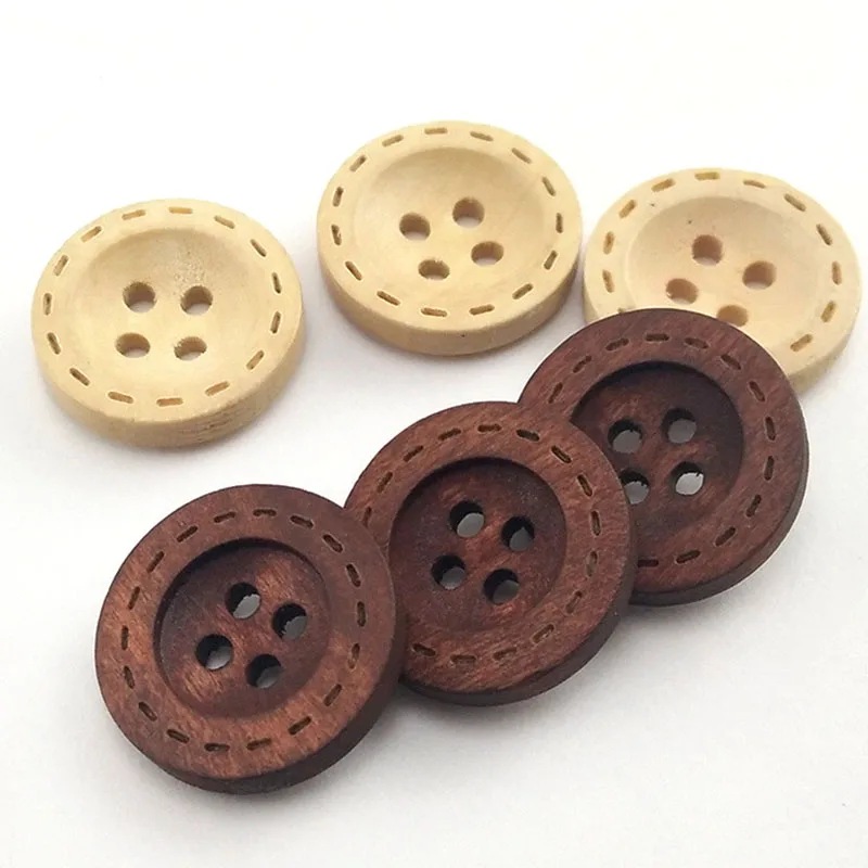 10PCs & 30PCs Natural Color Round Piping Camellia Wood Grain Wooden Buttons  10mm-30mm Sewing Accessories Clothes 4 Holes Button