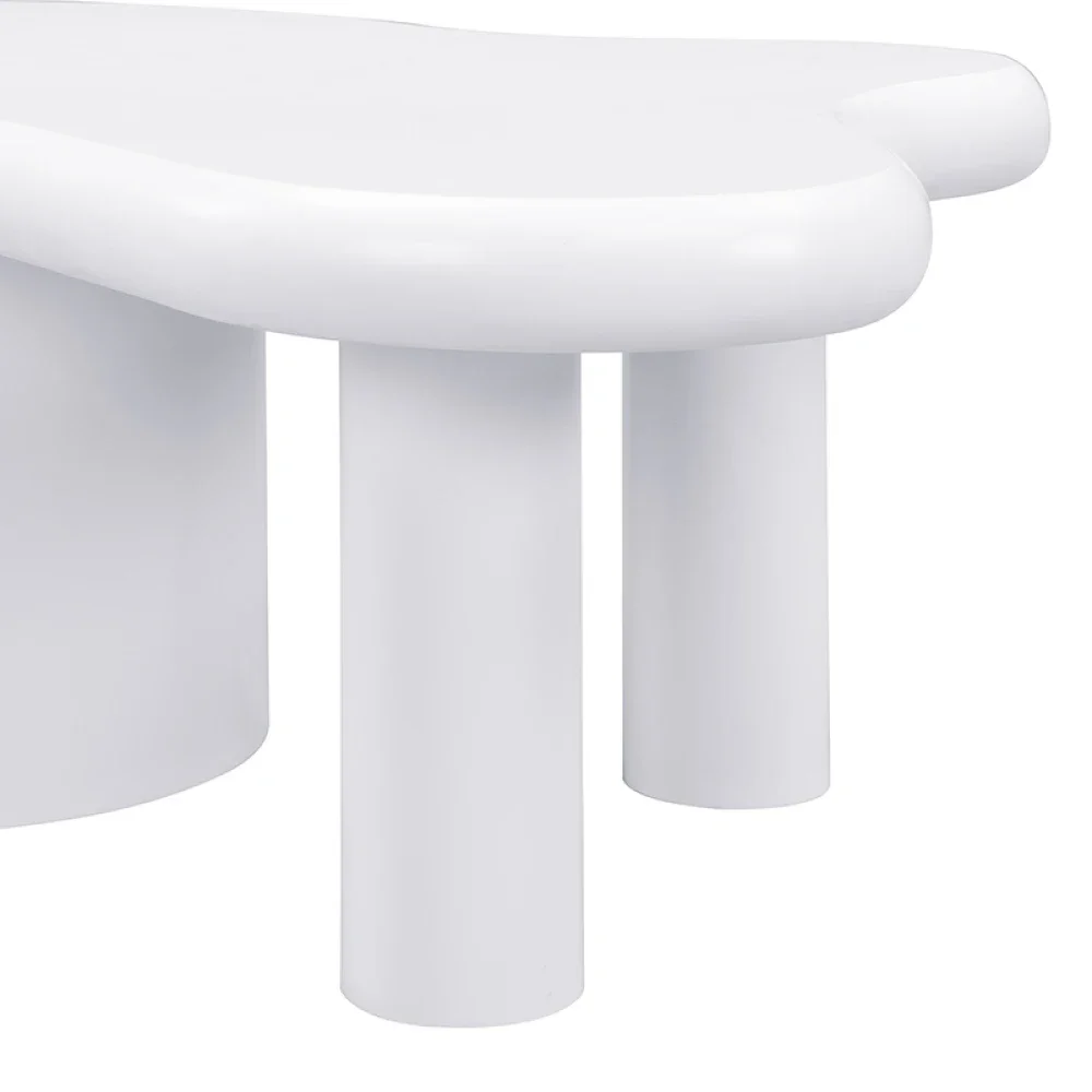 Moderner, weißer, unregelmäßig geformter Couchtisch mit 2 integrierten Schubladen – platzsparende und stilvolle, elegante Wohnmöbel für den täglichen Gebrauch – Detail 10