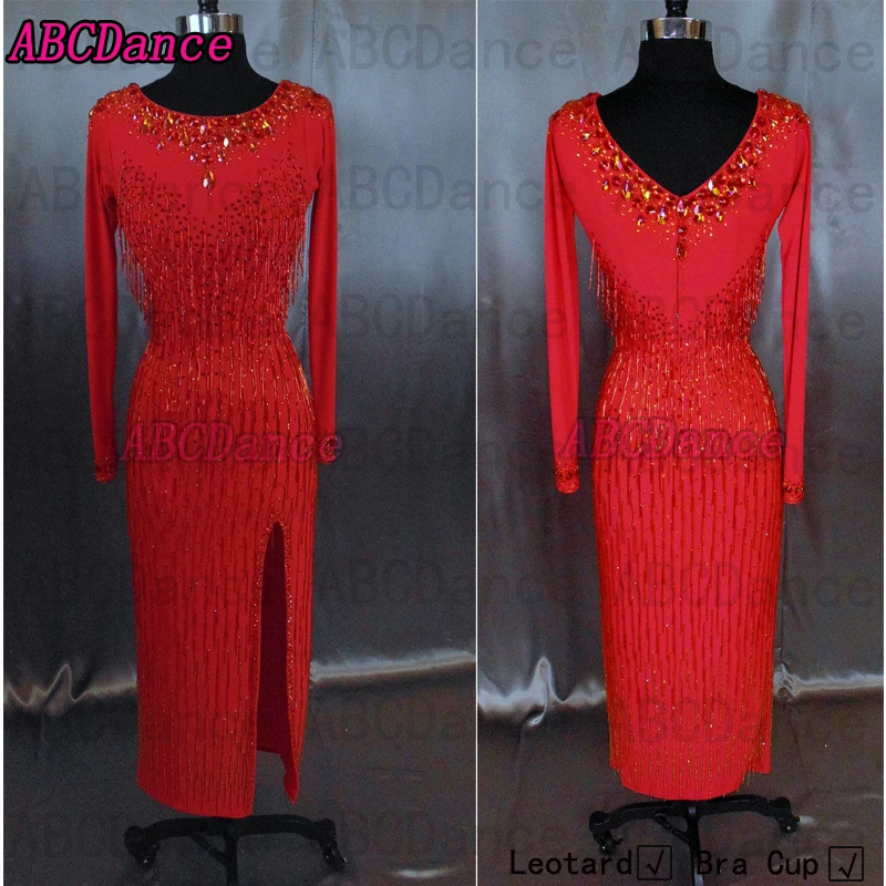 Latin Dance Dress Red color Rumba Jive Chacha Ballroom Girls beads tube