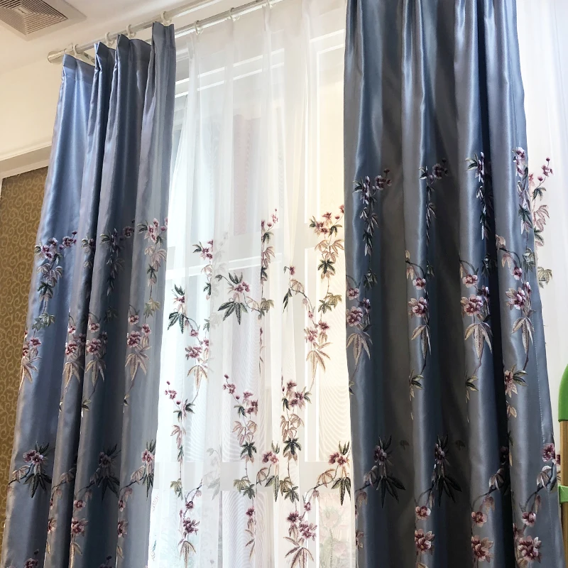 Chinese style high-end embroidered silk curtains with bamboo leaves and peach blossoms Curtains for Living dining room bedroom