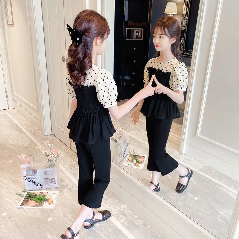 

2022 Summer Baby Girls Clothes Set Polka Dot Kids Fashion Sets Short Sleeve Shirt and Pants Ruffle Children Outfits Suit A59
