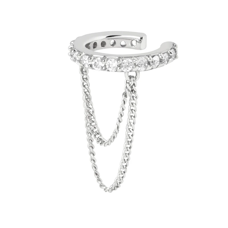 925 Sterling Silver White Zircons Pave Chain Tassel Ear Cuffs For Women Non Pierced Oval Crystal Crown Shape Clip Earrings, ear clip earrings,clip earrings,ear clip,ear accessories