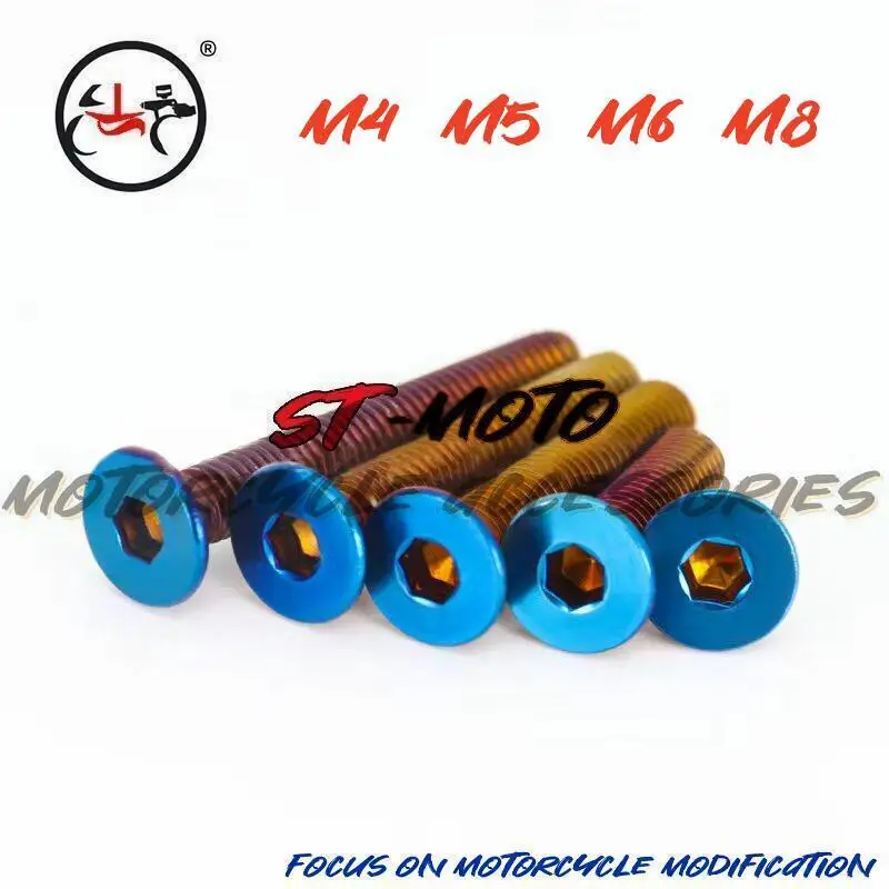 

10PCS M4 M5 M6 M8 Titanium Plated Screw Flat Head Hexagon Bolt Stainless Steel Titanium Burned Screw Blue Burned Modified Bolt