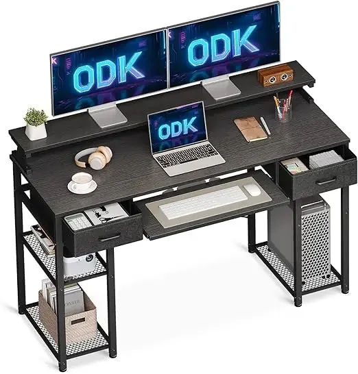 Escritorio con dos cajones, bandeja para teclado y soporte para monitor, escritorio de oficina, escritorio para computadora con estante extraíble