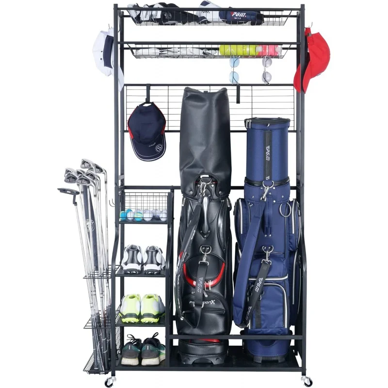 

Mythinglogic Golf Bag Storage Garage Organizer,2 Golf Bags Storage Stand and Golfing Equipment Accessories Storage Rack with 4 R