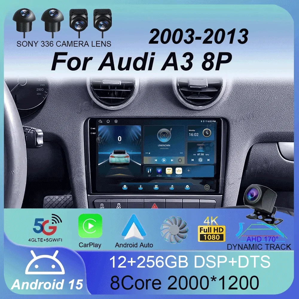 Radio para Auto Android 16 con Carplay para Audi A3 8P 2003-2013, Reproductor Multimedia 2DIN, GPS, Navegación, Audio Estéreo, DSP, Cámara 360, 4G 1