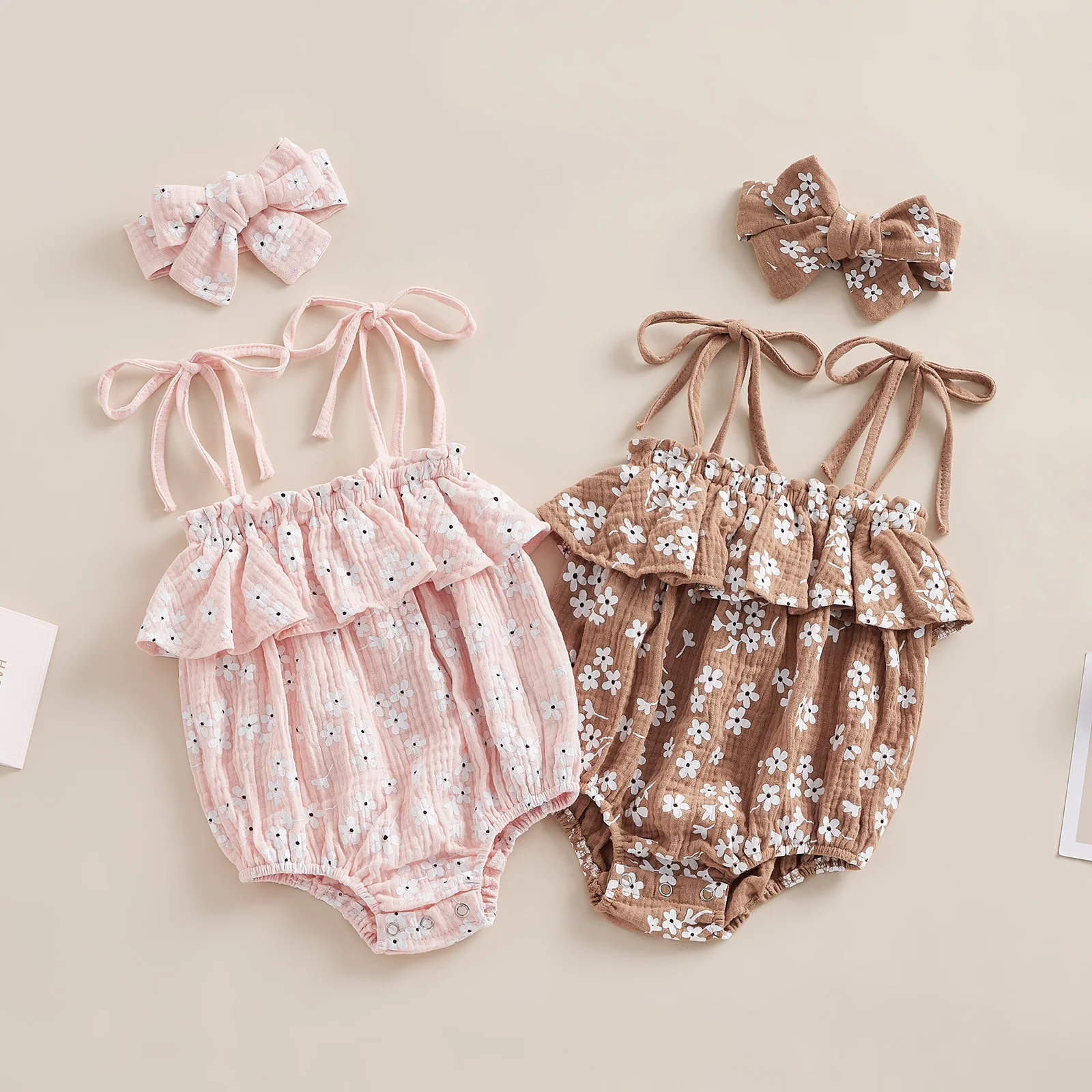 

Infant Baby Girls Bubble Romper Ruffle Floral Print Ruched Cotton Linen Sleeveless Strap Summer Sling Playsuit with Bow Headband