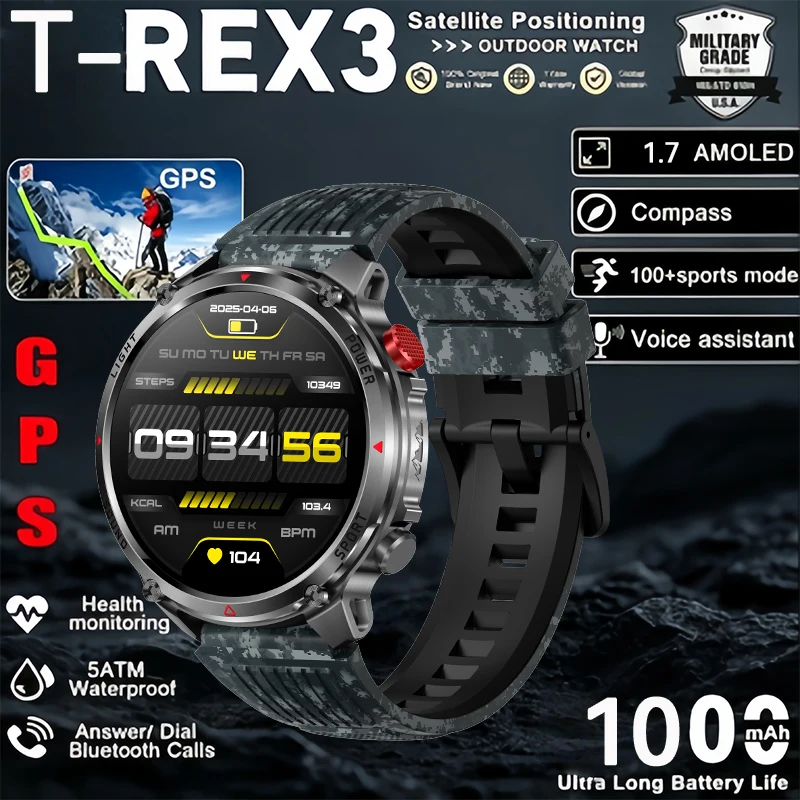 Rugged Military Outdoor Smart Watch: 1100mAh Battery, GPS, 5ATM Waterproof, Compass & Fitness Tracker