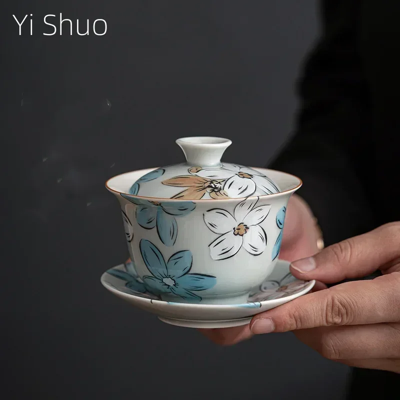 Japanese Cherry Blossom Ceramic Gaiwan Tea Brewing Household Kung Fu Tea Ceremony Bowl Single Bowl Cover The