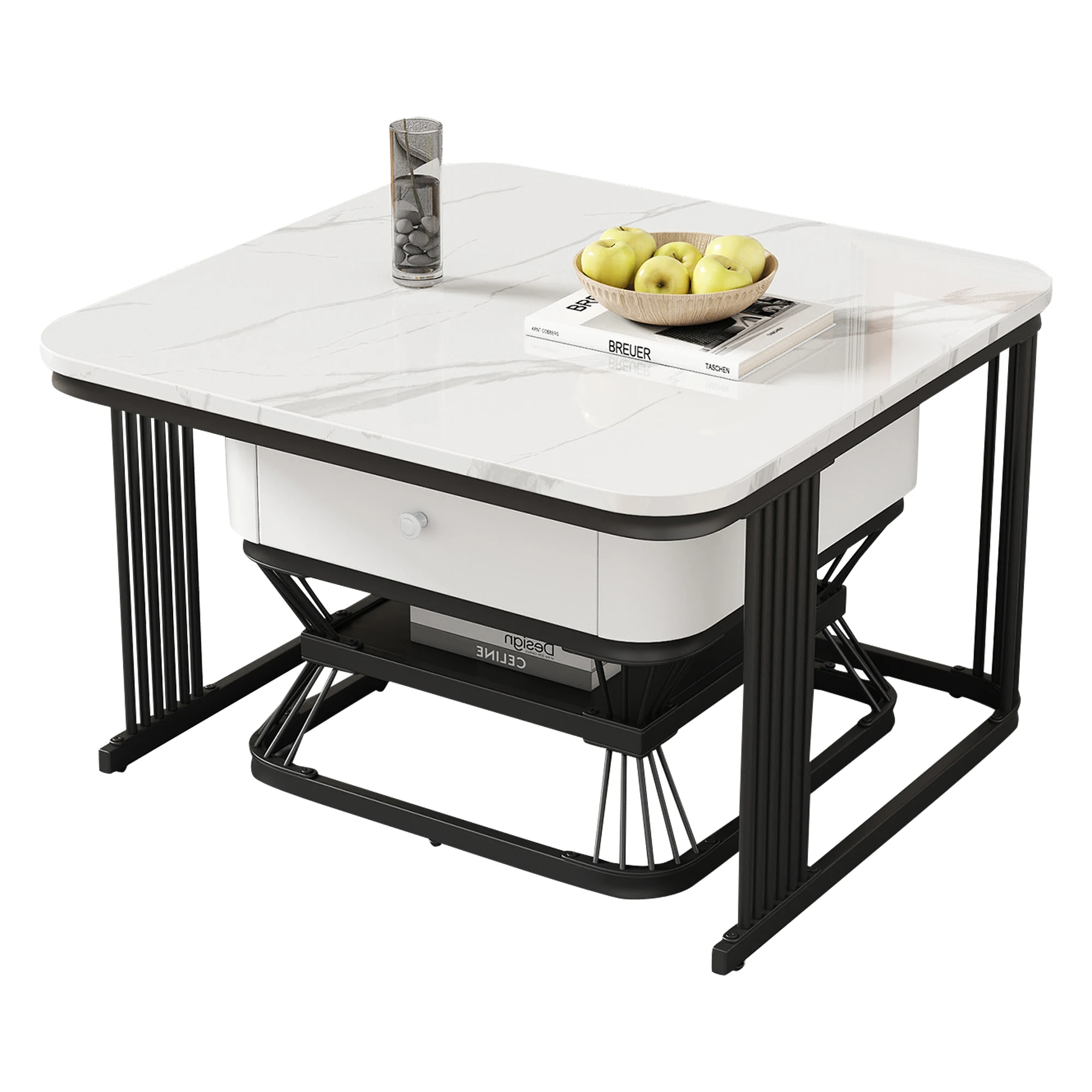 2-teiliges Couchtisch-Set, geometrisches Couchtisch-Set, Hochglanz-Marmor-Look, Wohnzimmertisch-Set mit 1 Schublade, Sofatisch – Detail 20