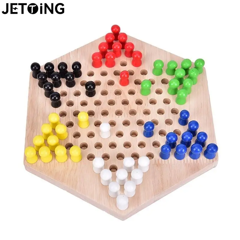 Chinese Checker Game Set Wooden Educational Board Kids Classic Halma Chinese Checkers Set Strategy Family Game Pieces Backgammon