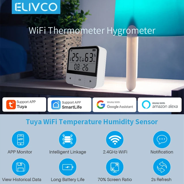 Capteur d'humidité et de température Tuya WiFi, pour Alexa et Google  Assistant, hygromètre, thermomètre, horloge de Table, vie intelligente,  maison connectée - AliExpress