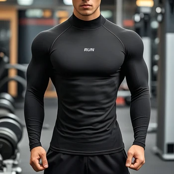 Men's Running Turtleneck Quick-Drying Long-Sleeved T-shirts Spring Aurumn Compression Shirt Sports Fitness Tight Tops Tees 1