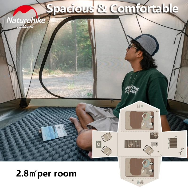 Naturehike Camping Tunnel Tent 15㎡ 2-4 People Family Equipment Lightweight Waterproof Double Layer 2 Room 1 Hall Outdoor Tent 3