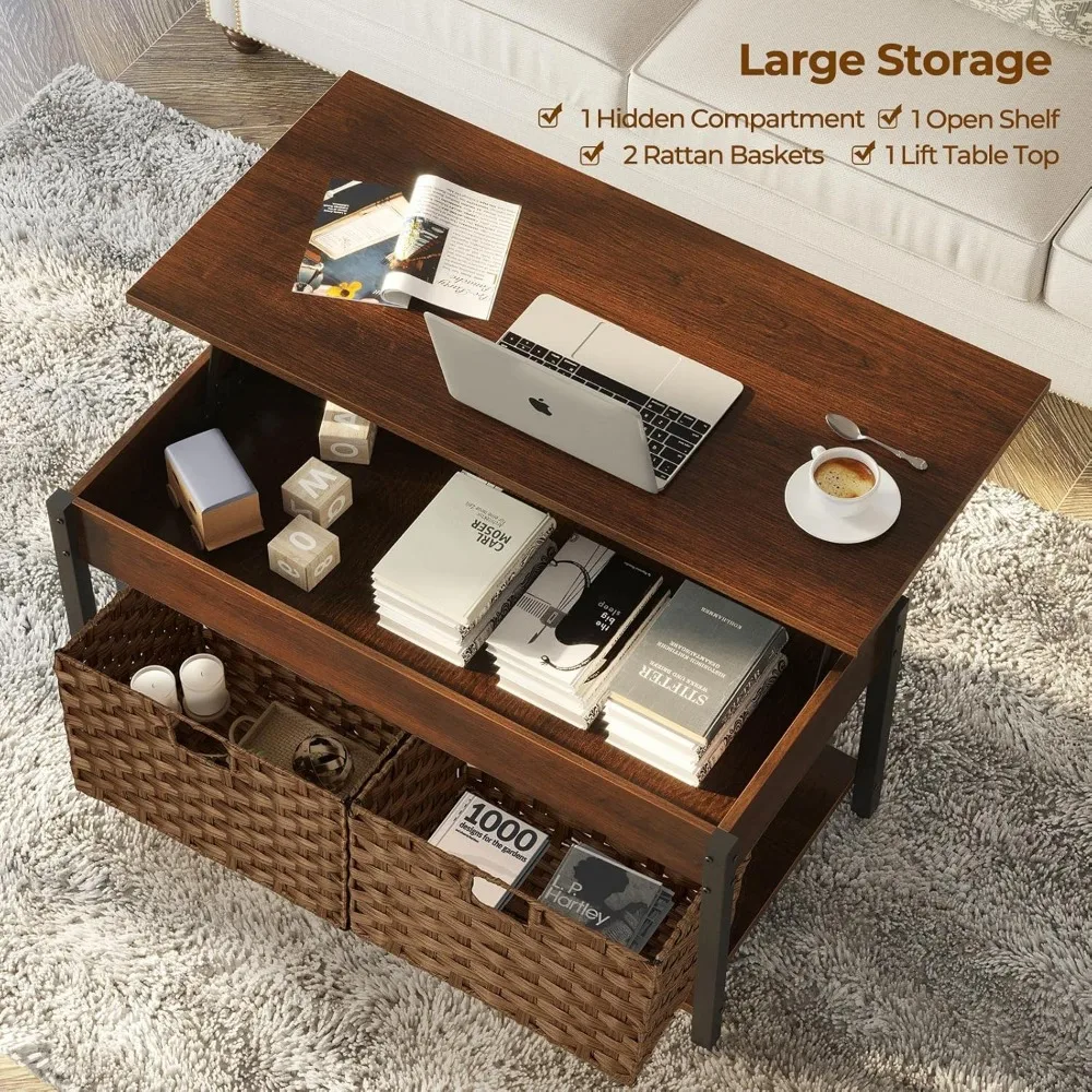 Lift Top Coffee Table with Hidden Storage Compartment and Rattan Baskets,Retro Central Table with Wooden Lift Tabletop 5