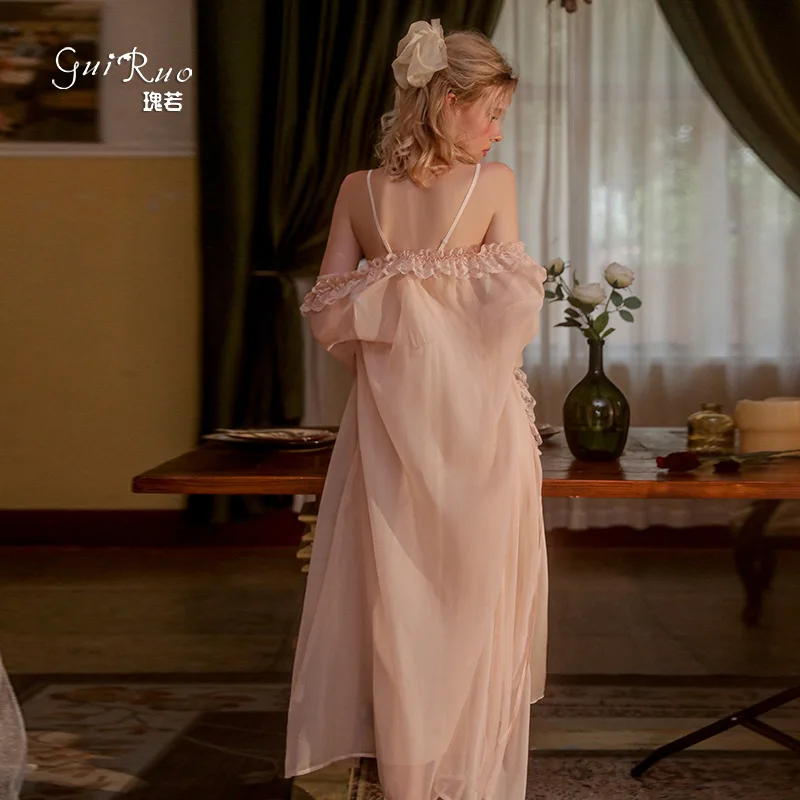 Spring and Summer Pajamas Long Slip Nightdress Gauzy Cardigan Women's Home Clothes Suit