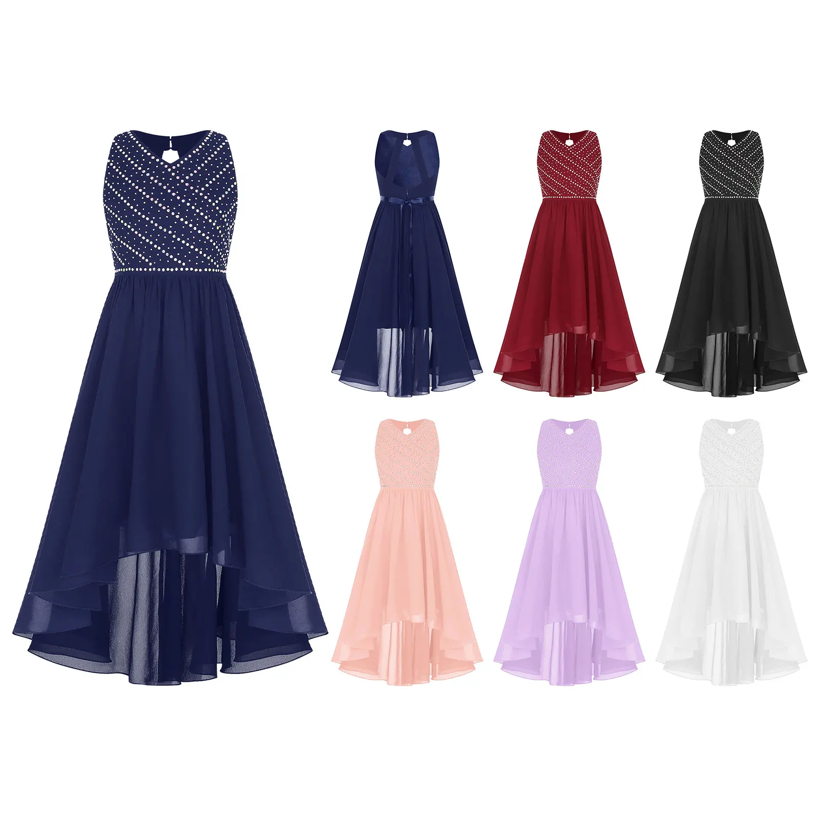 

ZDHoor Toddles Girls Flower Girl Evening Dress High-low Hem Party Gown Dress Sleeveless Backless Rhinestones for Birthday Party