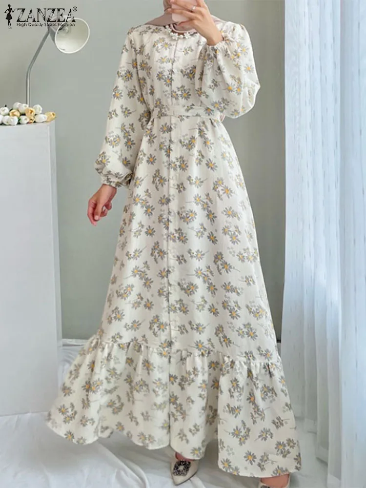 

ZANZEA Fashion Floral Printed Muslim Dress Long Sleeve O-Neck Ramadan Robe Woman Elegant Party Vestido Casual Islamic Clothing