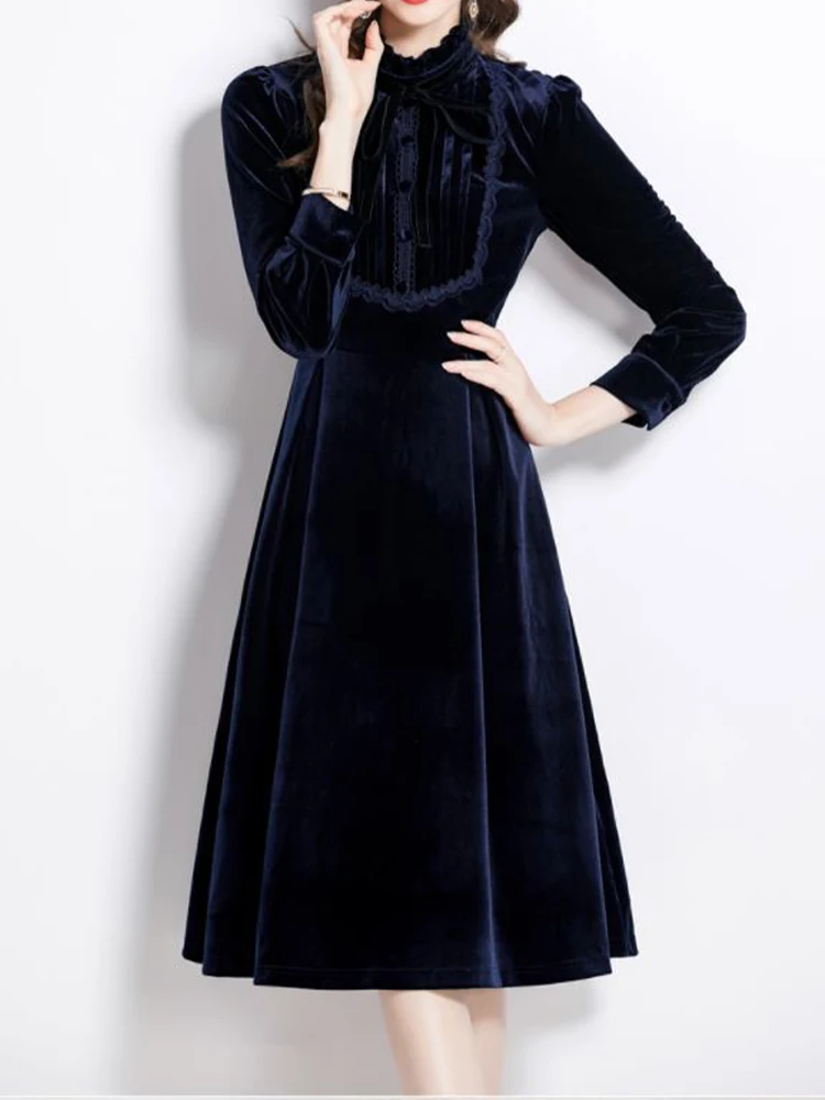 

Elegant Standing Neck Gold Velvet Long Sleeve Dress Slim Fit And Slim Fit 2023 Autumn New Fashion Women'S Clothing