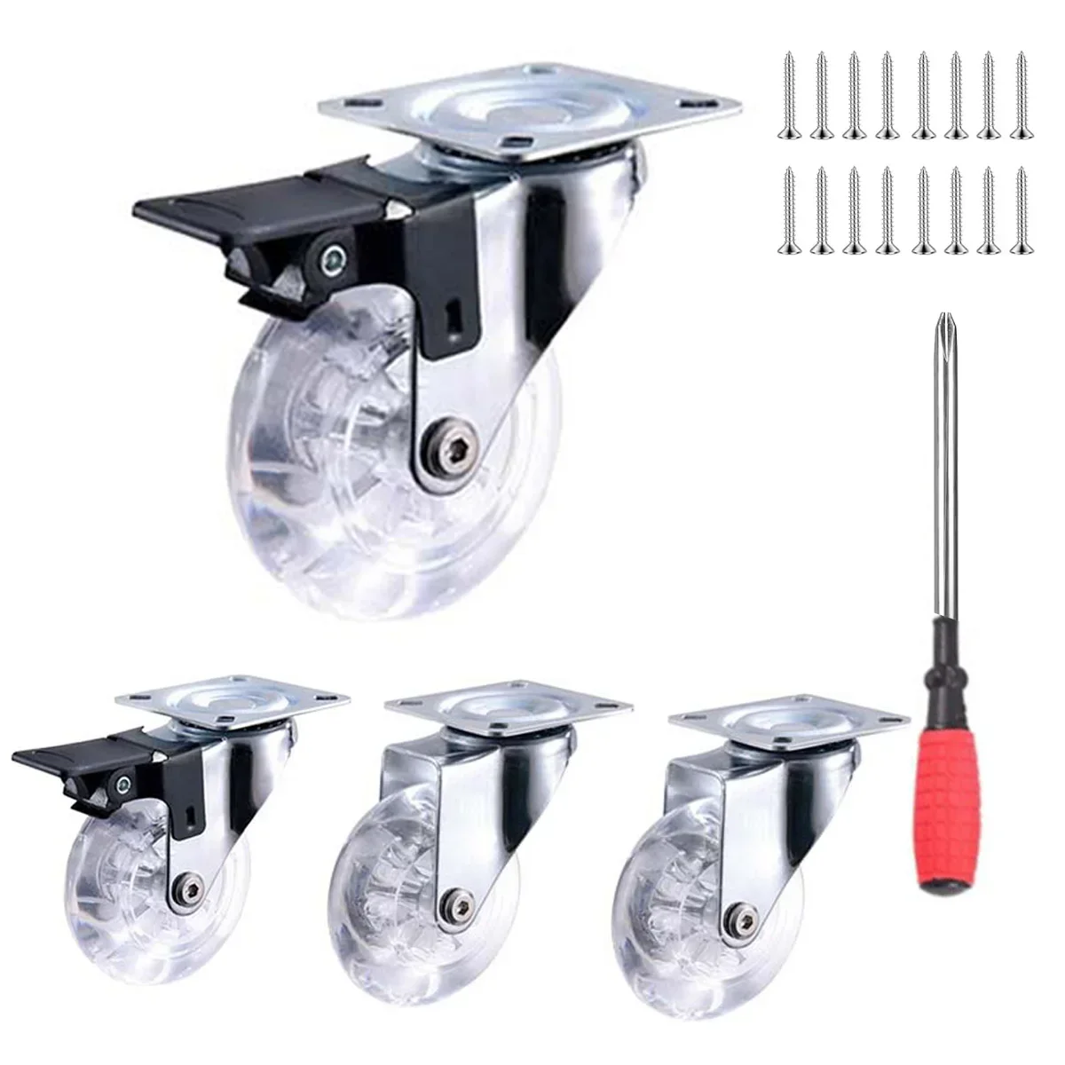 4PCS 2/3 Inch Heavy Duty Furniture Caster Soft Rubber Universal Wheel Swivel Caster Mute Trolley Wheel With/Without Brake