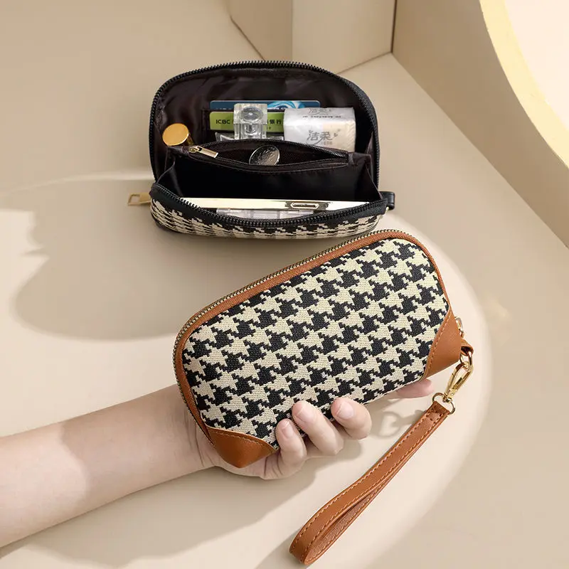 Women Houndstooth Canvas Quilting PU Leather Long Wallet Large Capacity Zipper Handbag Fashion Car Keys Cards Bag Coin Purse