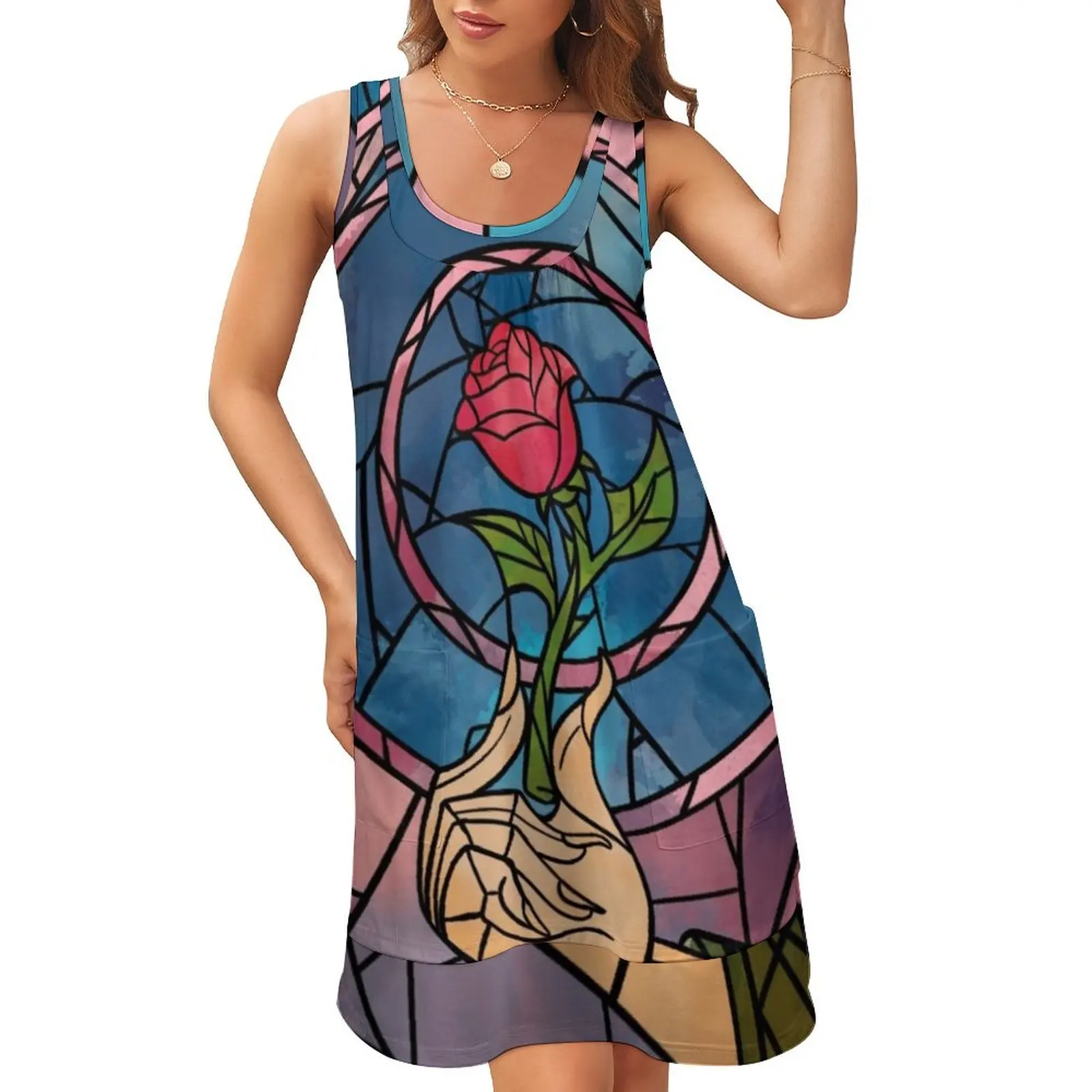 

Stained Glass Enchanted Rose Sleeveless U-Neck Fake Two Piece Dress Women's clothing wedding dresses for parties women dress
