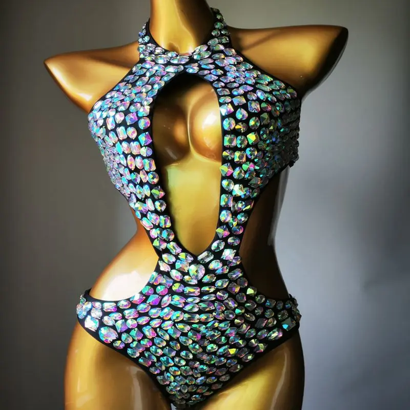 

Sexy Backless Rhinestones Beaded Bodysuit Nightclub DJ Pole Dance Crystal Leotard Dancer Party Rave Stage Performance Costume