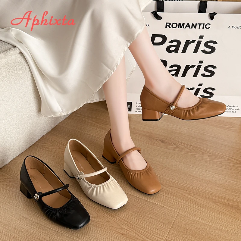 Aphixta Square Toe Shallow Woman Shoes Slip On Pleated 4.5CM Med Heels Shoes For Womens  Elegant Pumps Autumn Ladies Shoes
