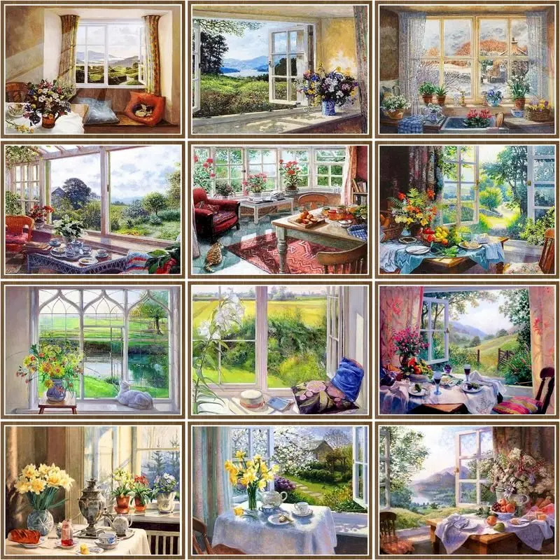 

CHENISTORY Coloring By Number Window Landscape Kits Home Decor Pictures Painting By Number Flower Handpainted Art Gift