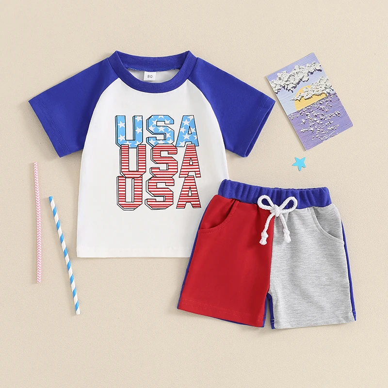 

Goocheer Toddler Boys Outfits Star Stripe Letter Print Short Sleeve T-Shirts Patchwork Elastic Waist Shorts 2Pcs Clothes Set