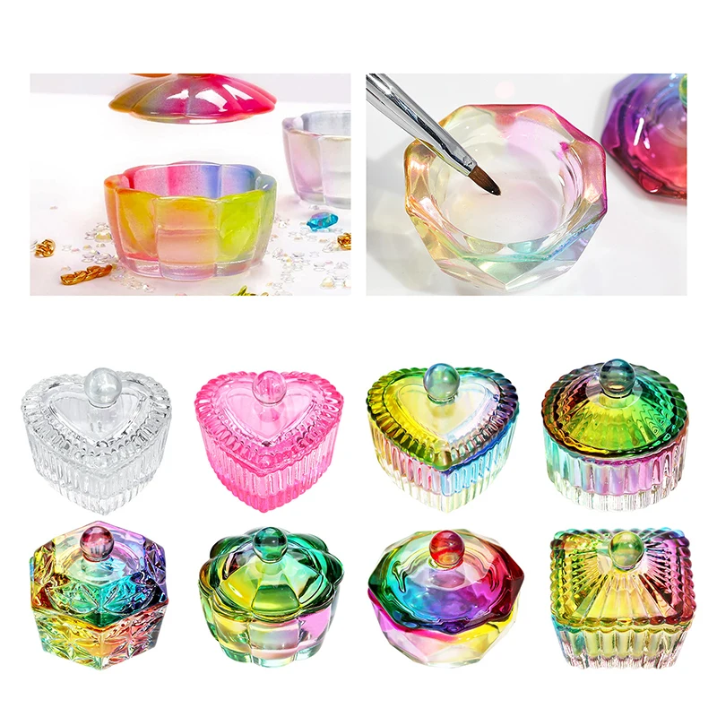 Manicure tools Nail tools Aurora Colorful Nail Art Glass Brush Cleaning Glass Cup Powder Crystal Dish Wash Pen Bowl with Lid Manicure Holder Salon Tool
