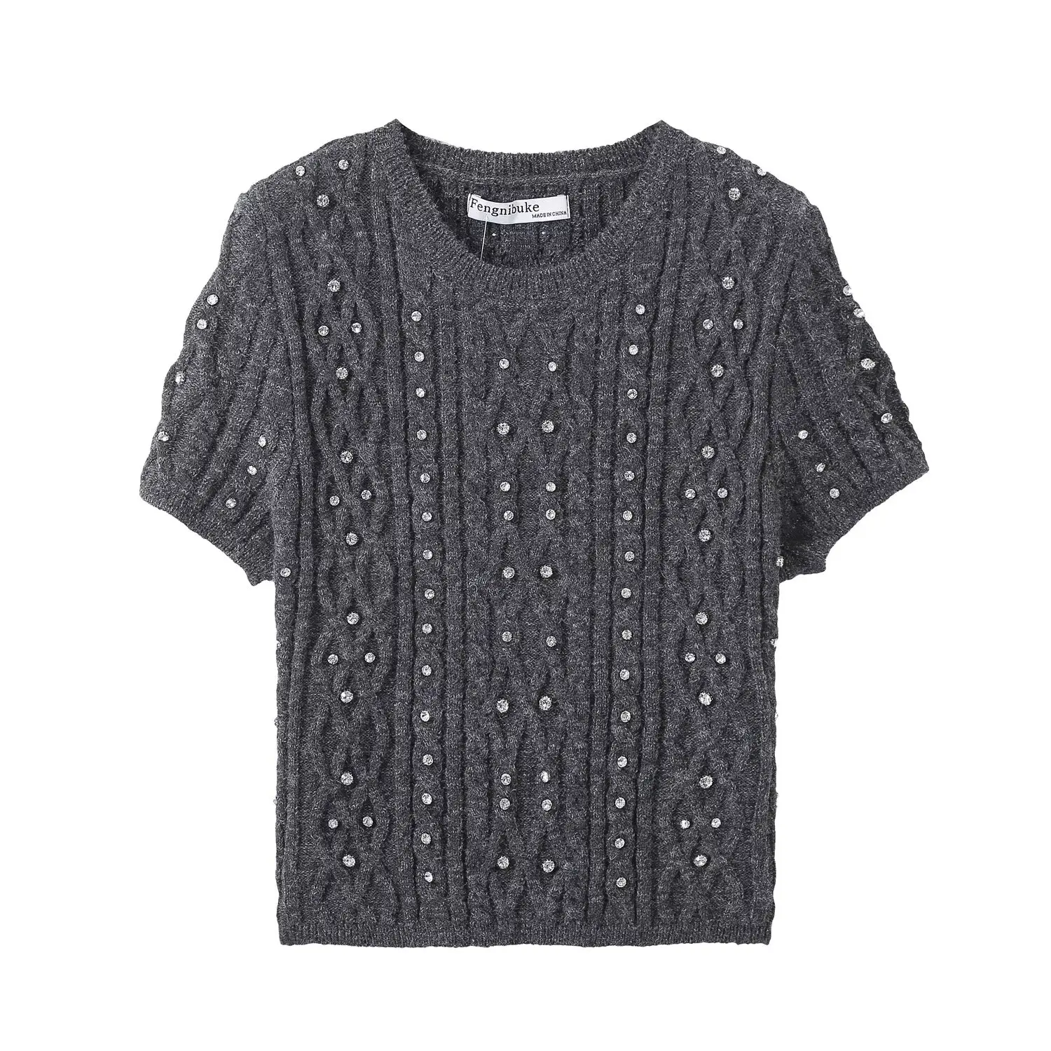 

Women New Fashion beading decoration Cropped Slim Knitted Sweater Vintage O Neck Short Sleeve Female Pullovers Chic Tops