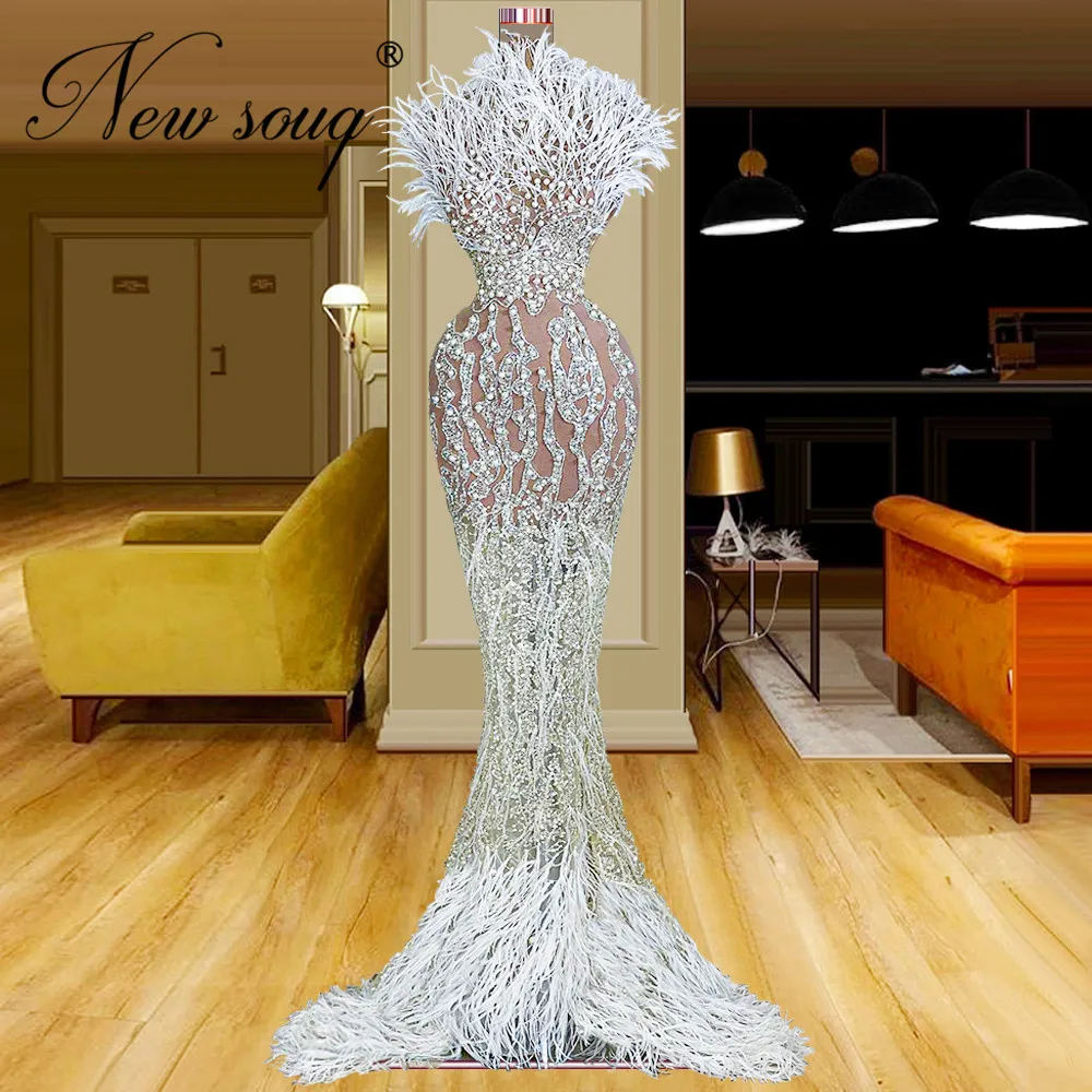 

2022 New Fashion Beaded Evening Dresses Robes De Soiree Dubai Middle East Long Feathers Prom Dress Illusion Party Night Gowns