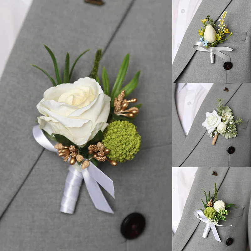 

Rose Silk Flower Brooch for Groom Men Boutonniere Buttonhole Wedding Corsage Pin Bride Wrist Flower Ceremony Party Meeting Decor