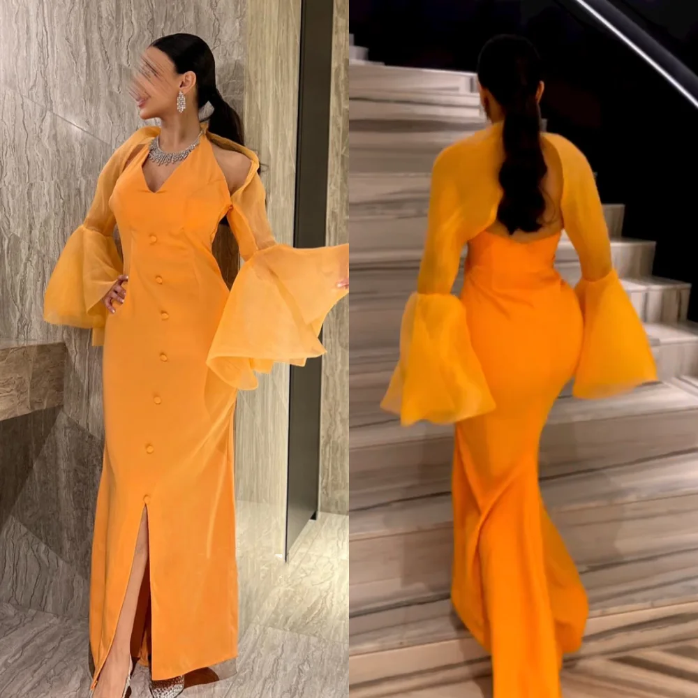 Jiayigong  Jersey Ruffles Draped Button Graduation A-line V-Neck Bespoke Occasion Gown Long Dresses Saudi Arabia