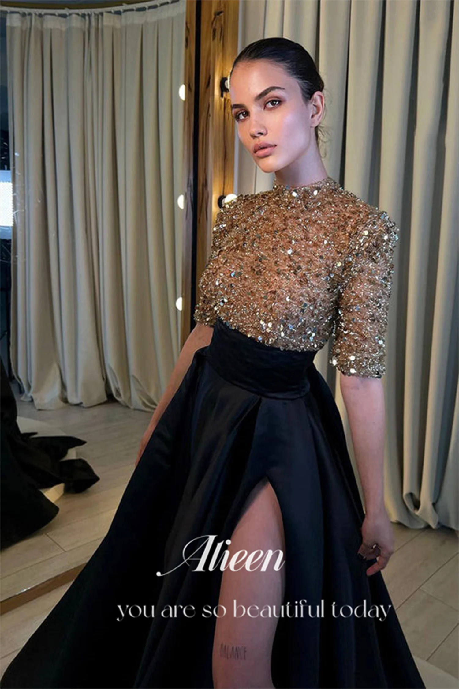 Fancy Dress Golden Party Wear Dresses Luxurious Beads Shiny Black Gold Gala  Dresses Woman 2024 For