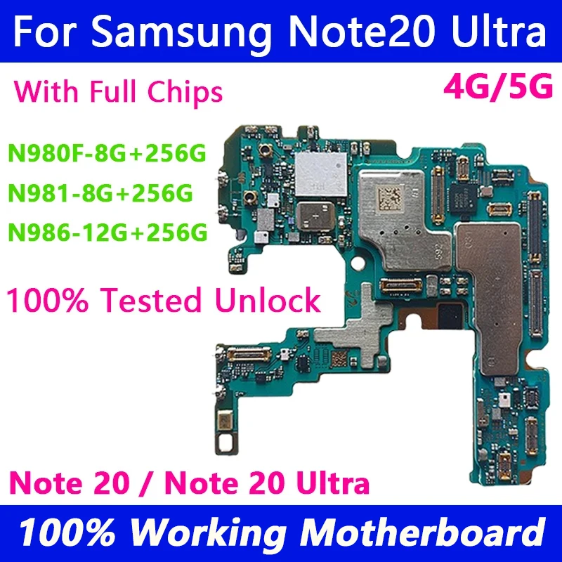 Mobile Motherboard 256GB + 12GB Plate RAM Logic Board For Samsung Galaxy NOTE 20 Ultra 5G N980F N981B N986B N981U N986U Unlocked