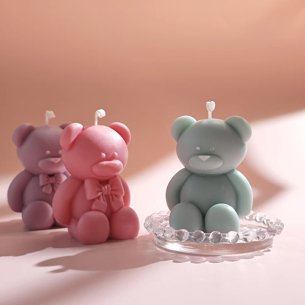 New Bow Sitting Bear Candle Mold Cartoon Animal Baking Silicone Mold Handmade Bear Aromatherapy Gypsum