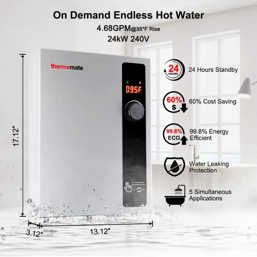 Water Heater Electric 24kW 208~240 Volt, thermomate On Demand Instant Endless Hot Water Heater, Digital Temperature