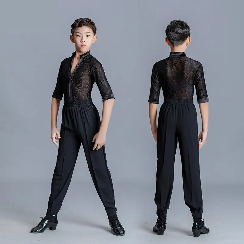 Latin Dance Top Kids Short Sleeve Boys Latin Dancing Shirts Salsa Tango Cha Cha Competition Boys Performance Dancewear Clothes
