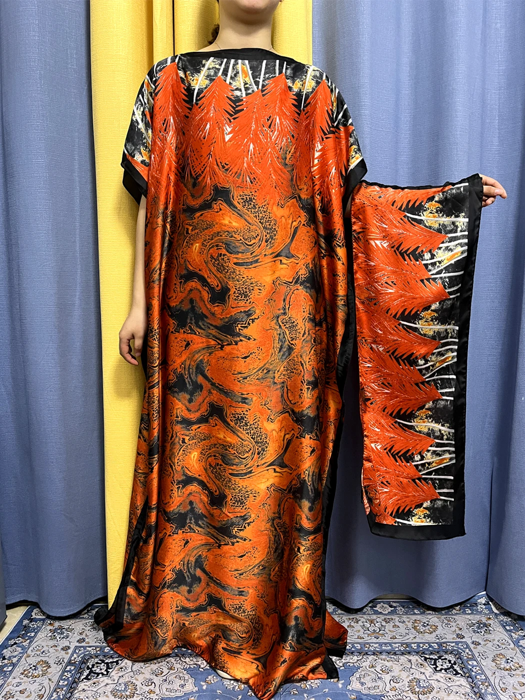 Muslim Fashion Silk Abayas For Women 2023 Dubai Print Soft Summer Loose Femme Robe African Party Evening Dress With Belt Turban