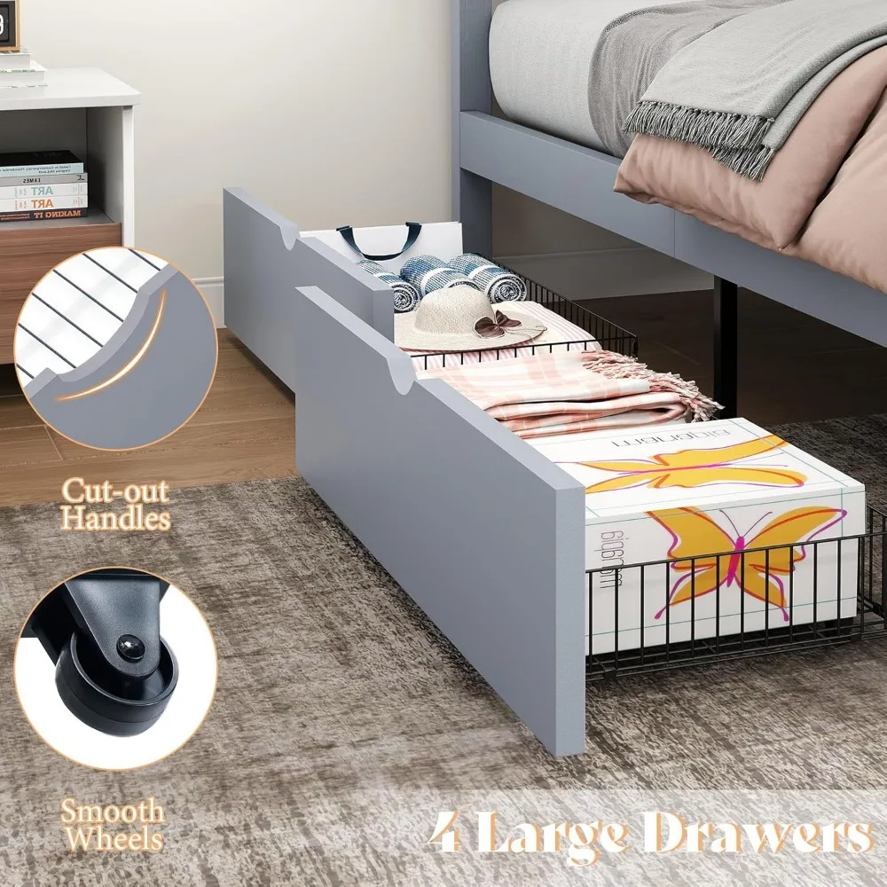 Twin Bed Frame with Headboard, Platform Bed with 4 Storage Drawers, Wood Bed Frame for Bedroom, Wood Slats Support, Grey 4