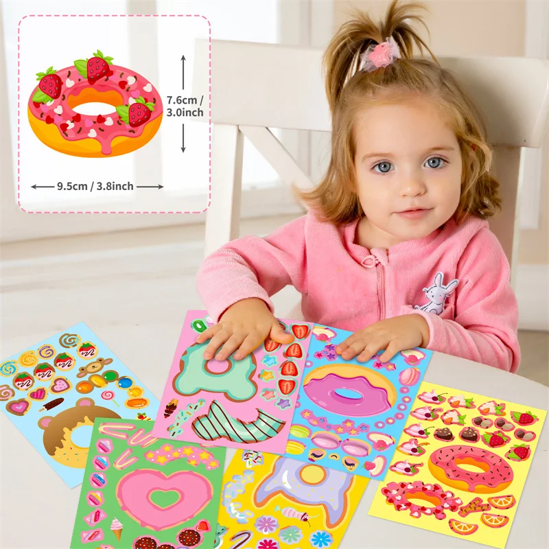 6-24sheets Make Your Own Donut Stickers For Kids DIY Mix & Match Sweets Treat Fruit Puzzle Jigsaw Stickers Art Craft Party Favor