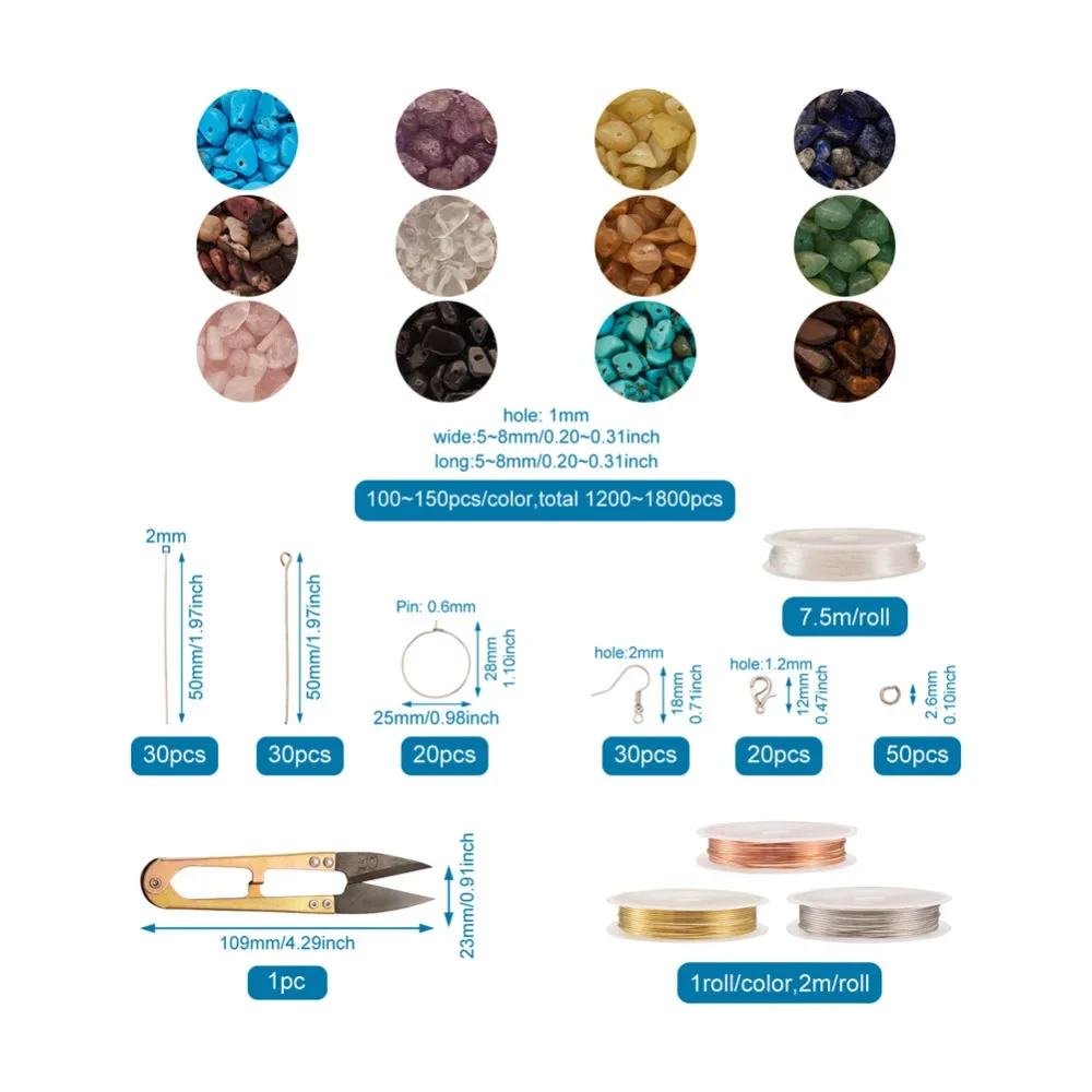 1 Box Natural Stone Beads with Elastic Crystal Thread Ear Hooks Pins Scissors Jewelry Sets DIY Earring Bracelet Making Kits