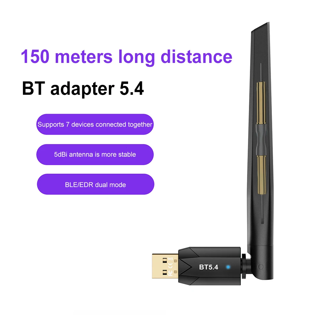 USB 블루투스 호환 5.4 어댑터, 150M 무선 동글 드라이버 프리 지원, PC 무선 마우스 키보드용 윈도우 11, 10, 8/7