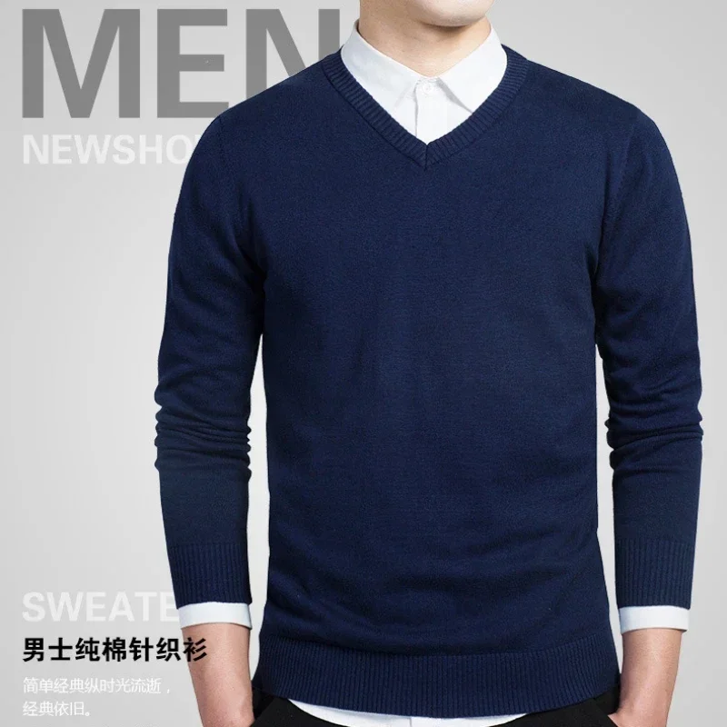 

V-neck Pullover Sweater Men's Solid Color Long-sleeved Bottoming Sweater Spring and Autumn Knitwear Business New Men Clothes