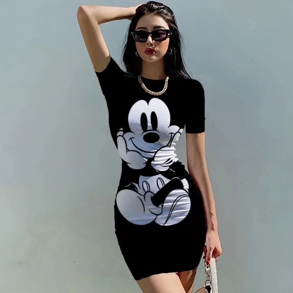 

Disney Minnie Mickey Mouse bow print Elegant Pencil Dress Womens Simple Sheath Office Dresses Summer Short sleeve Casual Vestido