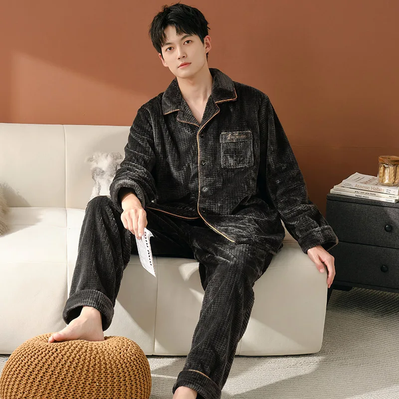 겨울 파자마 남성용 두꺼운 산호 플리스 파자마 세트 따뜻한 잠옷 플란넬 남성용 파자마 세트 캐주얼 홈웨어 파자마 옴므 3XL
