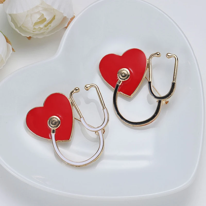 Doctor Stethoscope Brooch Fashion Medical Enamel Brooch Red Heart ECG Syringe